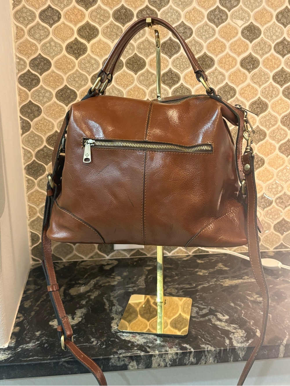 Patricia Nash Cognac Brown Leather Satchel with Brass Hardware - Picture 7 of 7